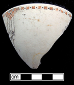 Cup. Unglazed bisque waster. Decal decorated with Art Deco motif. Rim diameter: 3.5”; 3.2 mm thickness.