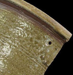 Grey bodied salt glaze stoneware pan or milk pan. Note the hole under the rim that indicates a repair.  