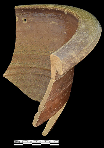 Grey bodied salt glaze stoneware pan or milk pan. Note the hole under the rim that indicates a repair.  