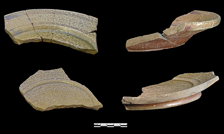 Grey bodied North Carolina Piedmont salt glazed stoneware plates.