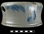 Grey-bodied salt glaze stoneware spittoon with cobalt scroll or leaf motif, from 18BC27.  