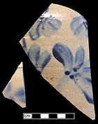 Grey-bodied salt glaze stoneware jar with floral cobalt motif. Vessel diameter: 6.00, Vessel #: 23. 18BC56