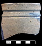 Grey-bodied salt glaze stoneware jar with indeterminate cobalt motif. Rim diameter: 5.50”, Vessel #: 30. 18BC56