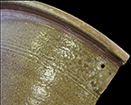 Grey bodied salt glaze stoneware pan or milk pan. Note the hole under the rim that indicates a repair.