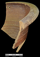 Grey bodied salt glaze stoneware pan or milk pan. Note the hole under the rim that indicates a repair.