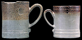 Salt-glazed stoneware mugs produced by William Rogers, Yorktown, Virginia, 1720–1745, Vessel heights: 3 1/2" (left) and 3 1/8“ (right).