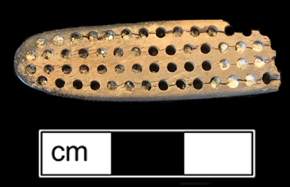 Stock end shows trepanned tunnels that ran the length of the stock. These holes were plugged with wax or cement; in this case some of the plugs are still intact. Guideline channels for drilling the bristle holes are also visible along some of the rows. Trench 1-A, Level 3. Lot 11. 18BC92