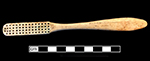 Bone handle with teardrop shape toothbrush with wire drawn attachment and copper alloy staining on back. Stamped on front: “England” near stock and “Hochschild Kohn & Co. Baltimore” and “Drawn Wire/Sterling/Silver Wire” on handle. 18BC92