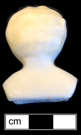 Low brow style porcelain doll head, typical of the 1890s. This porcelain head would have been attached to a cloth body and would have had porcelain arms and legs. 18BC80