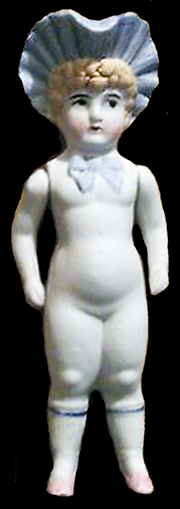 Bisque porcelain bonneted doll is missing her moveable arms, from 18PR983. Similar example on right from private collection.