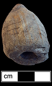 Wooden peg top with traces of an iron tip. Wooden tops were often made of boxwood or lignum vitae. Antique example below shows what the iron tip may have looked like. The Federal Reserve top is missing the top rivet, which was sometimes made of brass. The 1895 Montgomery Ward catalog offered five models of tops of differing hardwoods and sizes, from 18BC27. 
