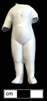 Small Frozen Charlotte doll. This example shows that the rear of the doll was not completely glazed. 18BC80 - These little Frozen Charlotte dolls were popular from 1850 to 1920. Most were produced in Germany, where they were called penny dolls (King 1981:560) and were originally intended as a bath toy. Small versions were sometimes baked into cakes as party favors, and others were used as dolls. They were named after a poem entitled “Young Charlotte”, about a girl who froze to death on the way to a party because she refused to cover up her dress with a coat.   