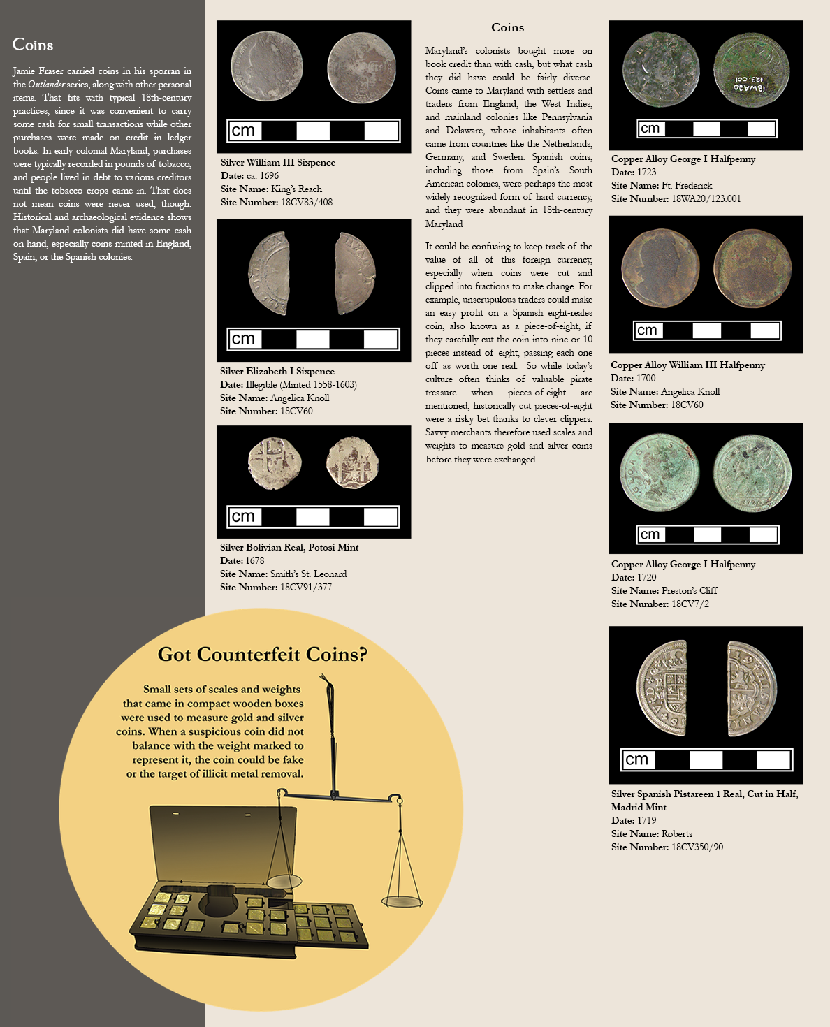 Coins - Jamie Fraser carried coins in his sporran in the Outlander series, along with other personal items. That fits with typical 18th-century practices, since it was convenient to carry some cash for small transactions while other purchases were made on credit in ledger books. In early colonial Maryland, purchases were typically recorded in pounds of tobacco, and people lived in debt to various creditors until the tobacco crops came in. That does not mean coins were never used, though. Historical and archaeological evidence shows that Maryland colonists did have some cash on hand, especially coins minted in England, Spain, or the Spanish colonies. Images of Coins: Silver William III Sixpence, Date: ca. 1696, Site Name: King’s Reach, Site Number: 18CV83/408; Silver Elizabeth I Sixpence, Date: Illegible (Minted 1558-1603), Site Name: Angelica Knoll, Site Number:18CV60; Silver Bolivian Real, Potosi Mint, Date: 1678, Site Name: Smith’s St. Leonard, Site Number: 18CV91/377; Copper Alloy George I Halfpenny, Date: 1723, Site Name: Ft. Frederick, Site Number: 18WA20/123.001; Copper Alloy William III Halfpenny, Date: 1700, Site Name: Angelica Knoll, Site Number: 18CV60; Copper Alloy George I Halfpenny, Date: 1720, Site Name: Preston’s Cliff, Site Number: 18CV7/2; Silver Spanish Pistareen 1 Real, Cut in Half, Madrid Mint, Date: 1719, Site Name: Roberts, Site Number: 18CV350/90 - Maryland’s colonists bought more on book credit than with cash, but what cash they did have could be fairly diverse. Coins came to Maryland with settlers and traders from England, the West Indies, and mainland colonies like Pennsylvania and Delaware, whose inhabitants often came from countries like the Netherlands, Germany, and Sweden. Spanish coins, including those from Spain’s South American colonies, were perhaps the most widely recognized form of hard currency, and they were abundant in 18th-century Maryland. It could be confusing to keep track of the value of all of this foreign currency, especially when coins were cut and clipped into fractions to make change. For example, unscrupulous traders could make an easy profit on a Spanish eight-reales  coin, also known as a piece-of-eight, if they carefully cut the coin into nine or 10 pieces instead of eight, passing each one off as worth one real.  So while today’s culture often thinks of valuable pirate treasure when pieces-of-eight are mentioned, historically cut pieces-of-eight were a risky bet thanks to clever clippers. Savvy merchants therefore used scales and weights to measure gold and silver coins before they were exchanged. Illustration of a set of scales and weights that came in compact wooden boxes, Titled:Got Counterfeit Coins? Text reads:Small sets of scales and weights that came in compact wooden boxes were used to measure gold and silver coins. When a suspicious coin did not balance with the weight marked to represent it, the coin could be fake or the target of illicit metal removal. 