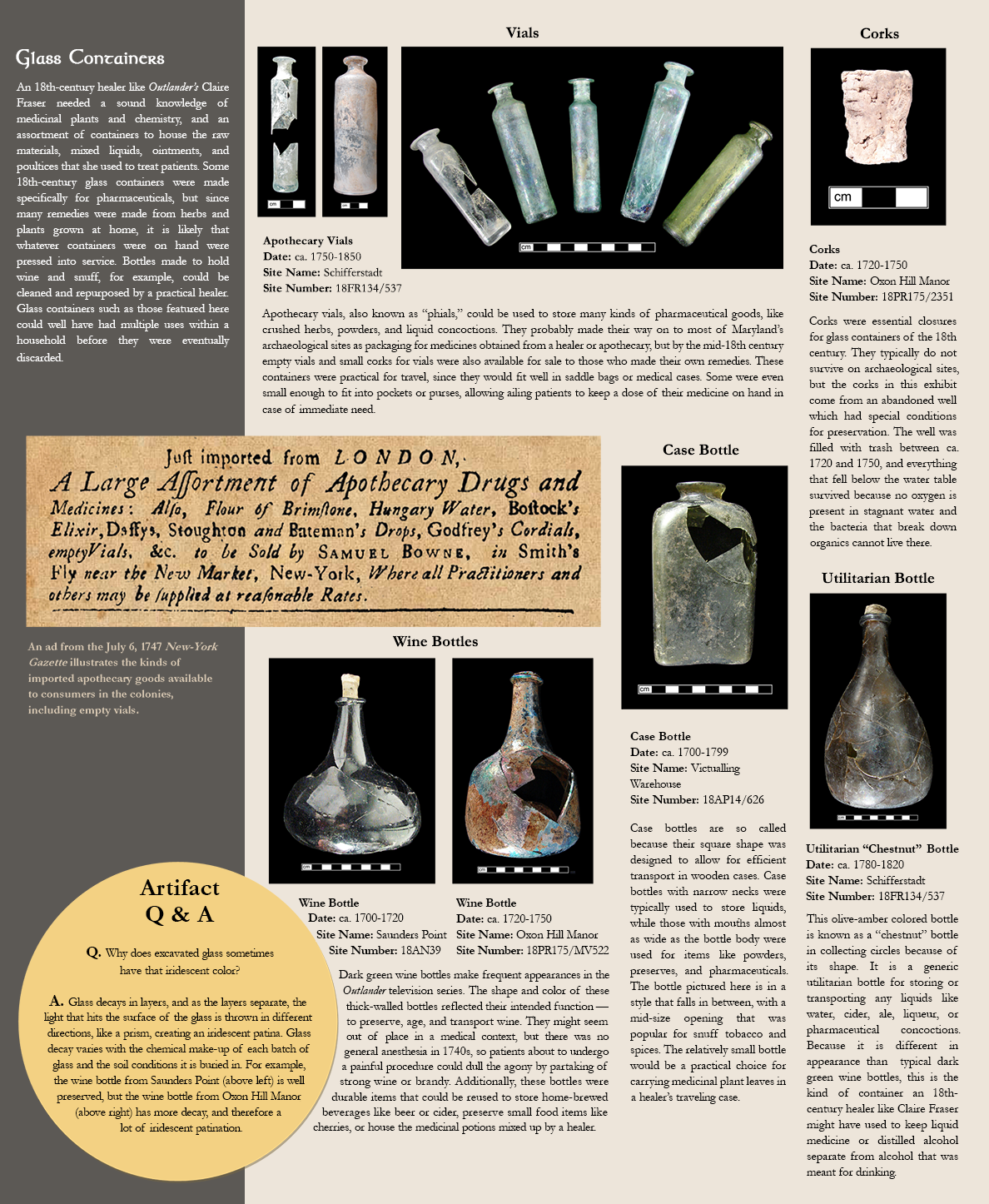 Glass Containers - An 18th-century healer like Outlander’s Claire Fraser needed a sound knowledge of medicinal plants and chemistry, and an assortment of containers to house the raw materials, mixed liquids, ointments, and poultices that she used to treat patients. Some 18th-century glass containers were made specifically for pharmaceuticals, but since many remedies were made from herbs and plants grown at home, it is likely that whatever containers were on hand were pressed into service. Bottles made to hold wine and snuff, for example, could be cleaned and repurposed by a practical healer. Glass containers such as those featured here could well have had multiple uses within a household before they were eventually discarded. Image of an ad from 1747:An ad from the July 6, 1747 New-York Gazette illustrates the kinds of imported apothecary goods available to consumers in the colonies, including empty vials.; Photo images of glass apothecary vials: Apothecary Vials, Date: ca. 1750-1850, Site Name: Schifferstadt, Site Number: 18FR134/537 -  Apothecary vials, also known as “phials,” could be used to store many kinds of pharmaceutical goods, like crushed herbs, powders, and liquid concoctions. They probably made their way on to most of Maryland’s archaeological sites as packaging for medicines obtained from a healer or apothecary, but by the mid-18th century empty vials and small corks for vials were also available for sale to those who made their own remedies. These containers were practical for travel, since they would fit well in saddle bags or medical cases. Some were even small enough to fit into pockets or purses, allowing ailing patients to keep a dose of their medicine on hand in case of immediate need. Photo image of  a cork:Corks, Date: ca. 1720-1750, Site Name: Oxon Hill Manor, Site Number: 18PR175/2351 -  Corks were essential closures for glass containers of the 18th century. They typically do not survive on archaeological sites, but the corks in this exhibit  come from an abandoned well which had special conditions for preservation. The well was filled with trash between ca. 1720 and 1750, and everything that fell below the water table survived because no oxygen is present in stagnant water and the bacteria that break down organics cannot live there.  Photo images of wine bottles:Wine Bottle, Date: ca. 1700-1720, Site Name: Saunders Point, Site Number: 18AN39; Wine Bottle, Date: ca. 1720-1750, Site Name: Oxon Hill Manor, Site Number: 18PR175/MV522 - Dark green wine bottles make frequent appearances in the Outlander television series. The shape and color of these thick-walled bottles reflected their intended function — to preserve, age, and transport wine. They might seem out of place in a medical context, but there was no general anesthesia in 1740s, so patients about to undergo a painful procedure could dull the agony by partaking of strong wine or brandy. Additionally, these bottles were durable items that could be reused to store home-brewed beverages like beer or cider, preserve small food items like cherries, or house the medicinal potions mixed up by a healer.  Photo image of a case bottle:Case Bottle, Date: ca. 1700-1799, Site Name: Victualling Warehouse, Site Number:18AP14/626 - Case bottles are so called because their square shape was designed to allow for efficient transport in wooden cases. Case bottles with narrow necks were typically used to store liquids, while those with mouths almost as wide as the bottle body were used for items like powders, preserves, and pharmaceuticals. The bottle pictured here is in a style that falls in between, with a mid-size opening that was popular for snuff tobacco and spices. The relatively small bottle would be a practical choice for carrying medicinal plant leaves in a healer’s traveling case. Photo image of a utilitarian bottle:Utilitarian “Chestnut” Bottle, Date: ca. 1780-1820, Site Name: Schifferstadt, Site Number:18FR134/537 - This olive-amber colored bottle is known as a “chestnut” bottle in collecting circles because of its shape. It is a generic utilitarian bottle for storing or transporting any liquids like water, cider, ale, liqueur, or pharmaceutical concoctions. Because it is different in appearance than  typical dark green wine bottles, this is the kind of container an 18th-century healer like Claire Fraser might have used to keep liquid medicine or distilled alcohol separate from alcohol that was meant for drinking. Sidebar shows and Artifact Q & A: Q: Why does excavated glass sometimes have that iridescent color? A:Glass decays in layers, and as the layers separate, the light that hits the surface of the glass is thrown in different directions, like a prism, creating an iridescent patina. Glass decay varies with the chemical make-up of each batch of glass and the soil conditions it is buried in. For example, the wine bottle from Saunders Point (above left) is well preserved, but the wine bottle from Oxon Hill Manor (above right) has more decay, and therefore a  lot of iridescent patination.