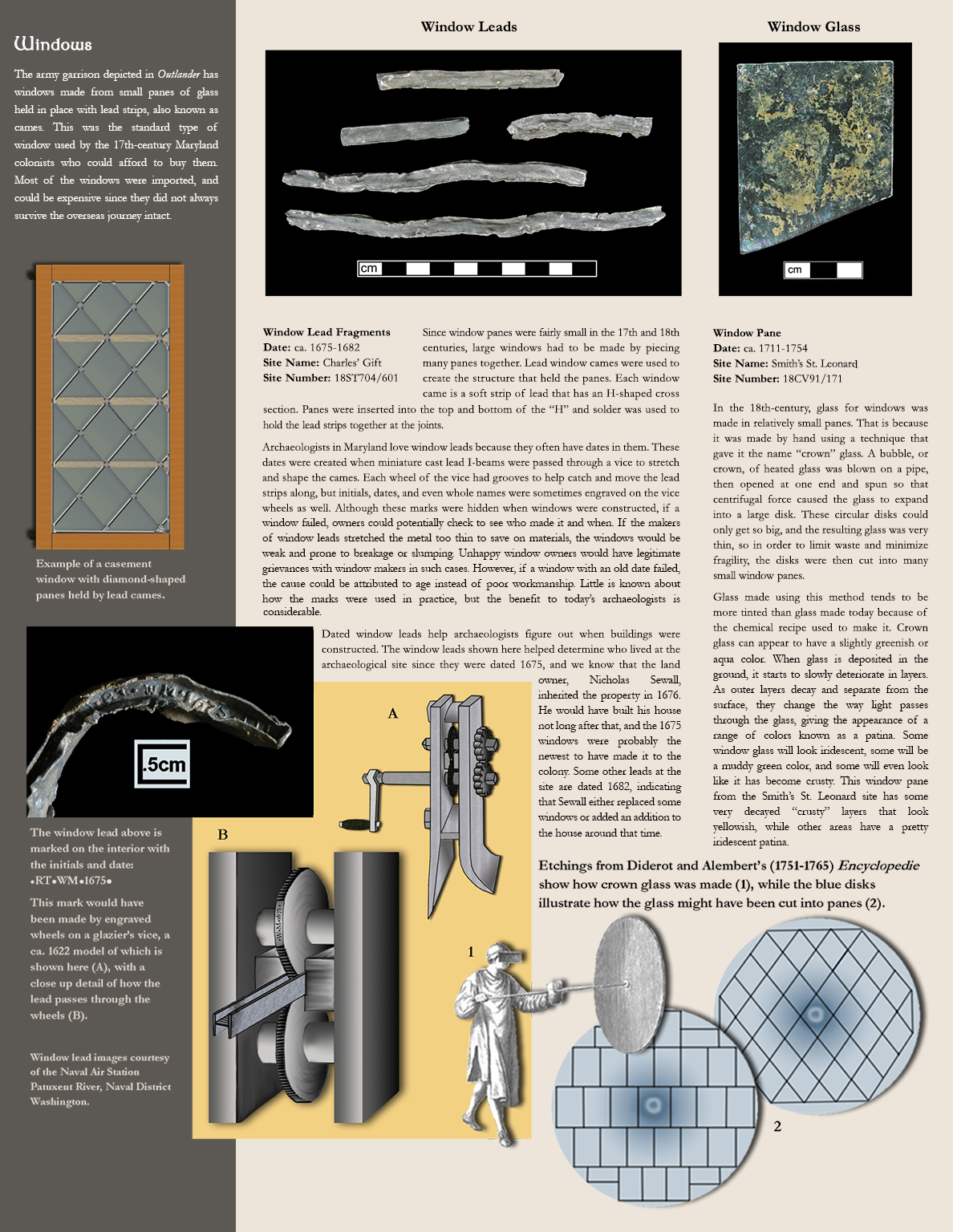 Photo image of a window glass pane section:Window Pane, Date: ca. 1711-1754, Site Name: Smith’s St. Leonard, Site Number:18CV91/171 - In the 18th-century, glass for windows was made in relatively small panes. That is because it was made by hand using a technique that gave it the name “crown” glass. A bubble, or crown, of heated glass was blown on a pipe, then opened at one end and spun so that centrifugal force caused the glass to expand into a large disk. These circular disks could only get so big, and the resulting glass was very thin, so in order to limit waste and minimize fragility, the disks were then cut into many small window panes. Glass made using this method tends to be more tinted than glass made today because of the chemical recipe used to make it. Crown glass can appear to have a slightly greenish or aqua color. When glass is deposited in the ground, it starts to slowly deteriorate in layers. As outer layers decay and separate from the surface, they change the way light passes through the glass, giving the appearance of a range of colors known as a patina. Some window glass will look iridescent, some will be a muddy green color, and some will even look like it has become crusty. This window pane from the Smith’s St. Leonard site has some very decayed “crusty” layers that look yellowish, while other areas have a pretty iridescent patina.